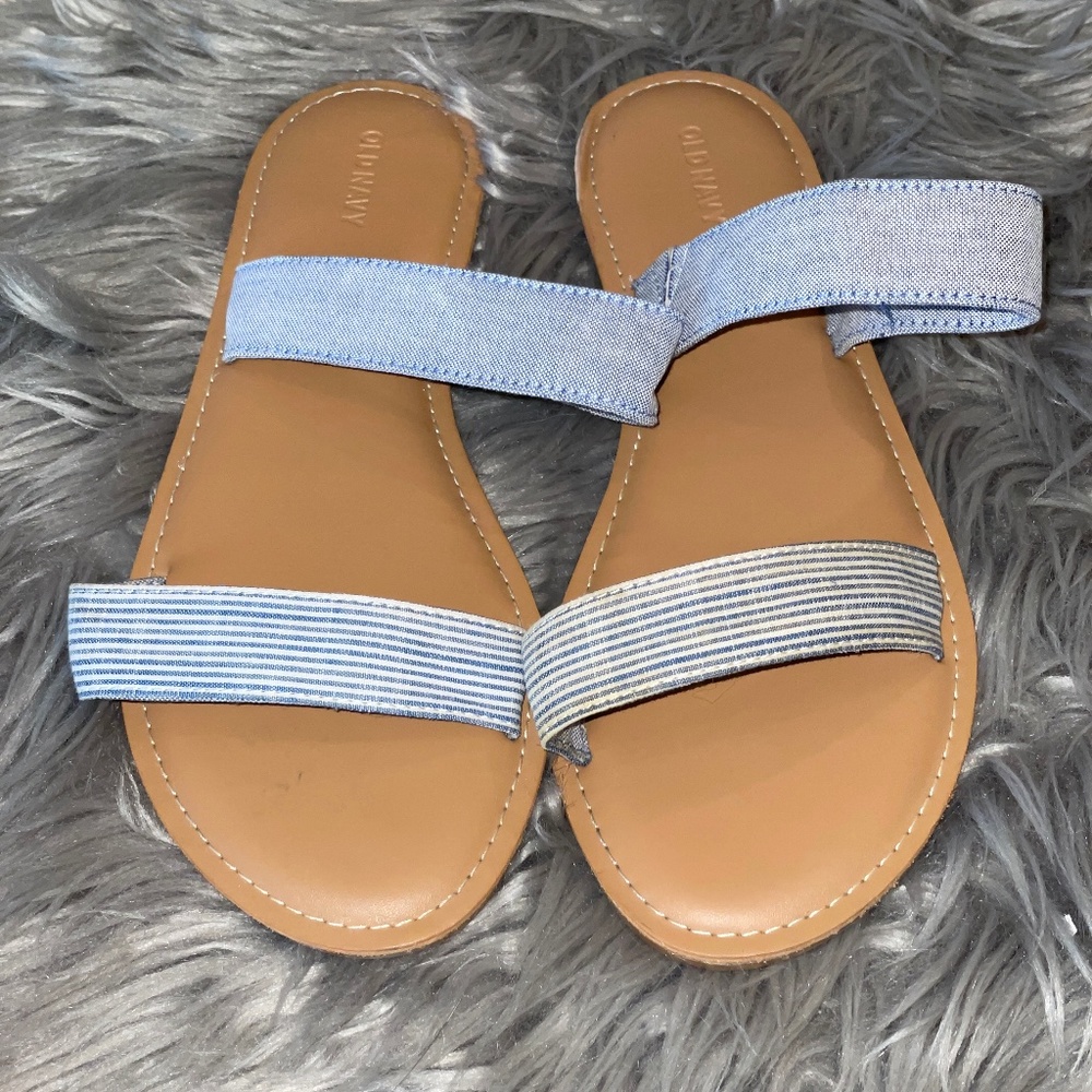 Old Navy Chambray Blue White Striped Double Strap Sandal Slides Size 10 - Picture 2 of 6